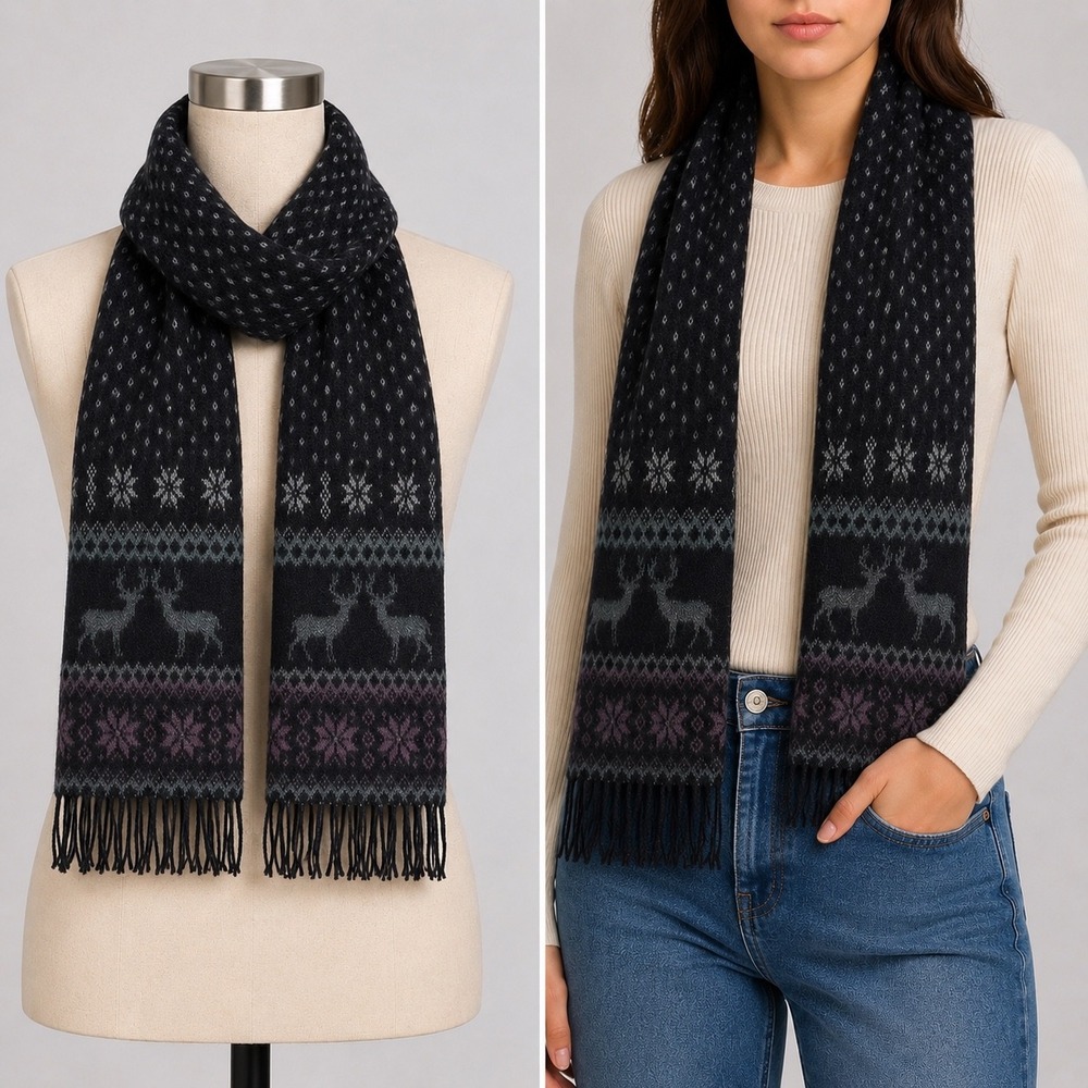 Better Than Cashmere Scarf Unisex OS Black Gray Fair Isle Reindeer Fringe Soft